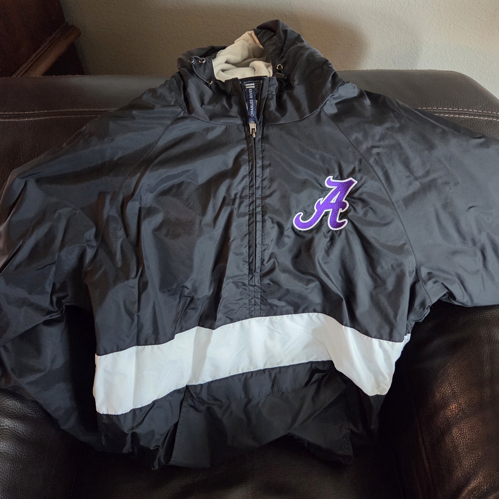Black and White Windbreaker with Purple Logo